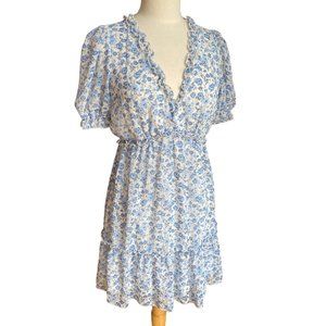 Ditsy Floral Babydoll Mini Dress Blue Sheer Fairy Cottage Romantic Ruffle-M
